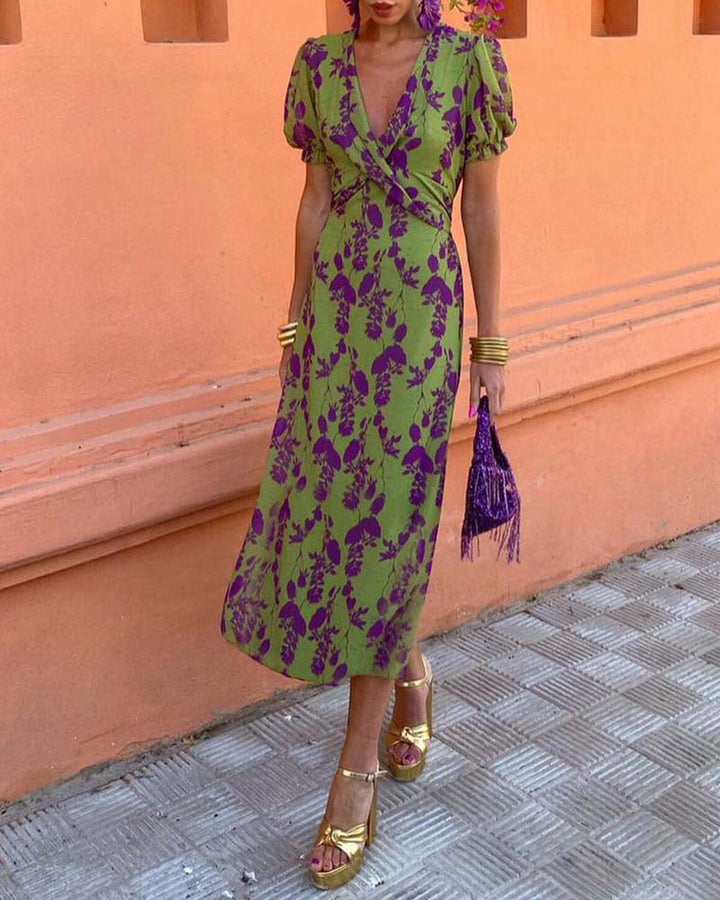 Abigail™ Schickes Blätterdruck V-Ausschnitt Kleid