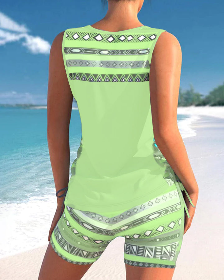 Tankinis mit geometrischem Muster und V-Ausschnitt