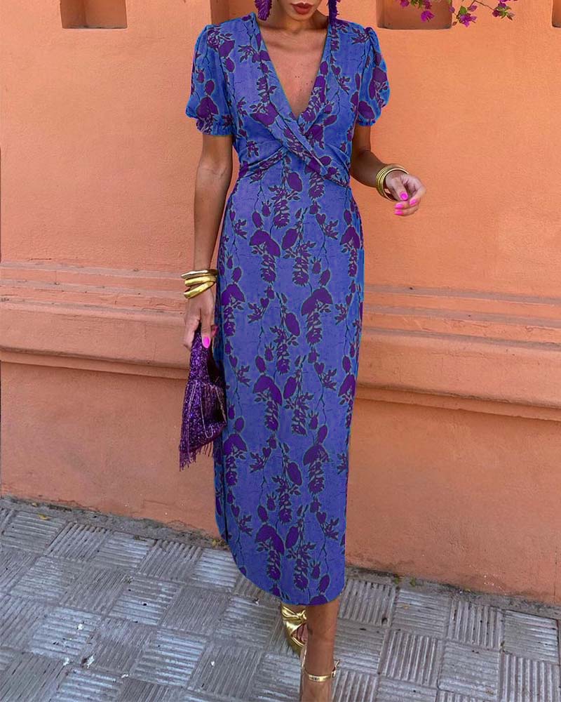 Abigail™ Schickes Blätterdruck V-Ausschnitt Kleid