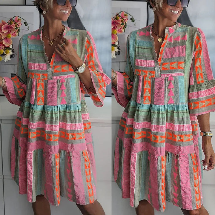 Elodie™ Chic V-Ausschnitt Baumwoll-Hanf Kleid
