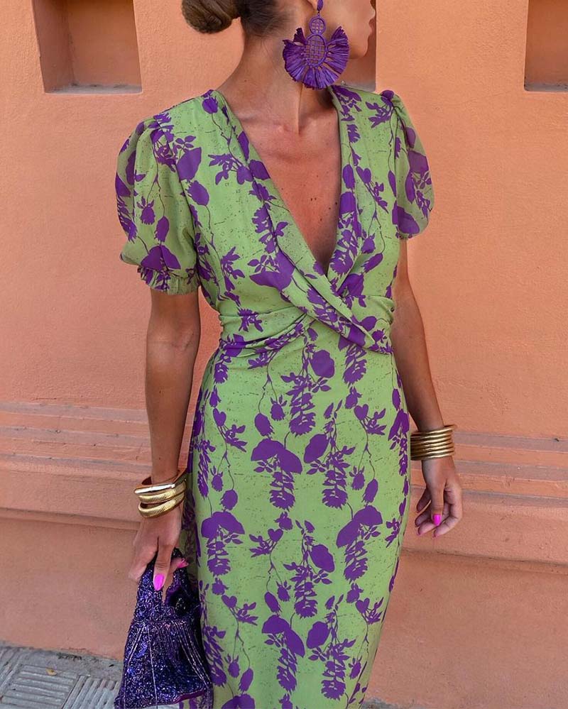 Abigail™ Schickes Blätterdruck V-Ausschnitt Kleid