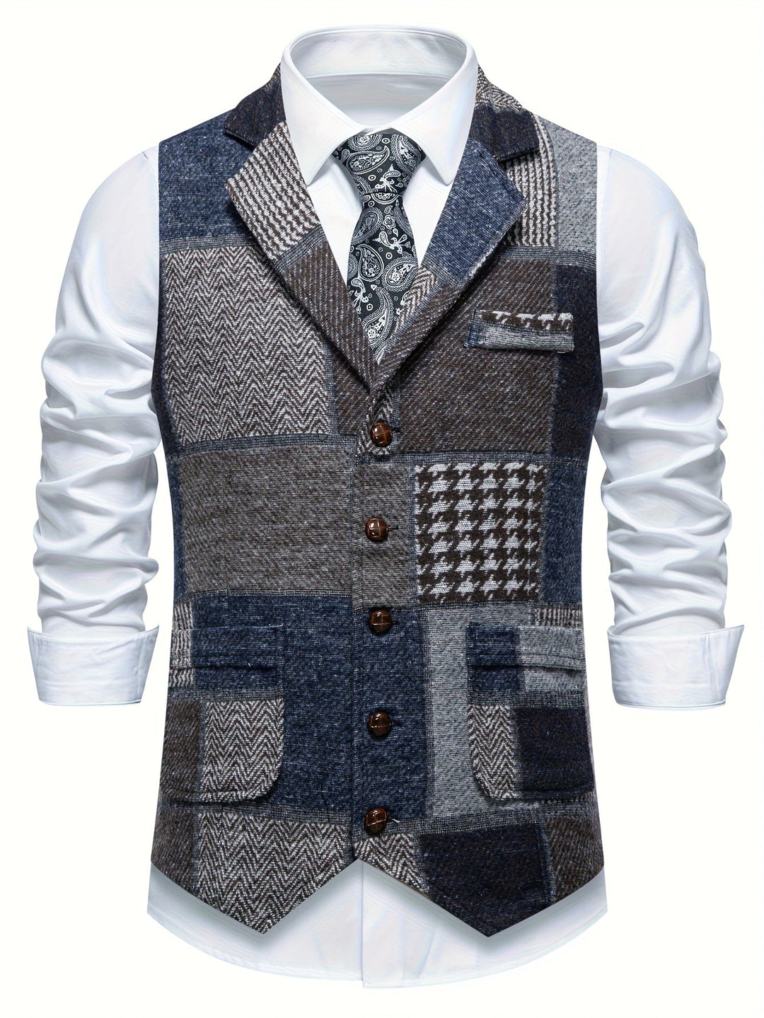 Leo | Patchwork Tweed-Weste mit Fischgrätmuster