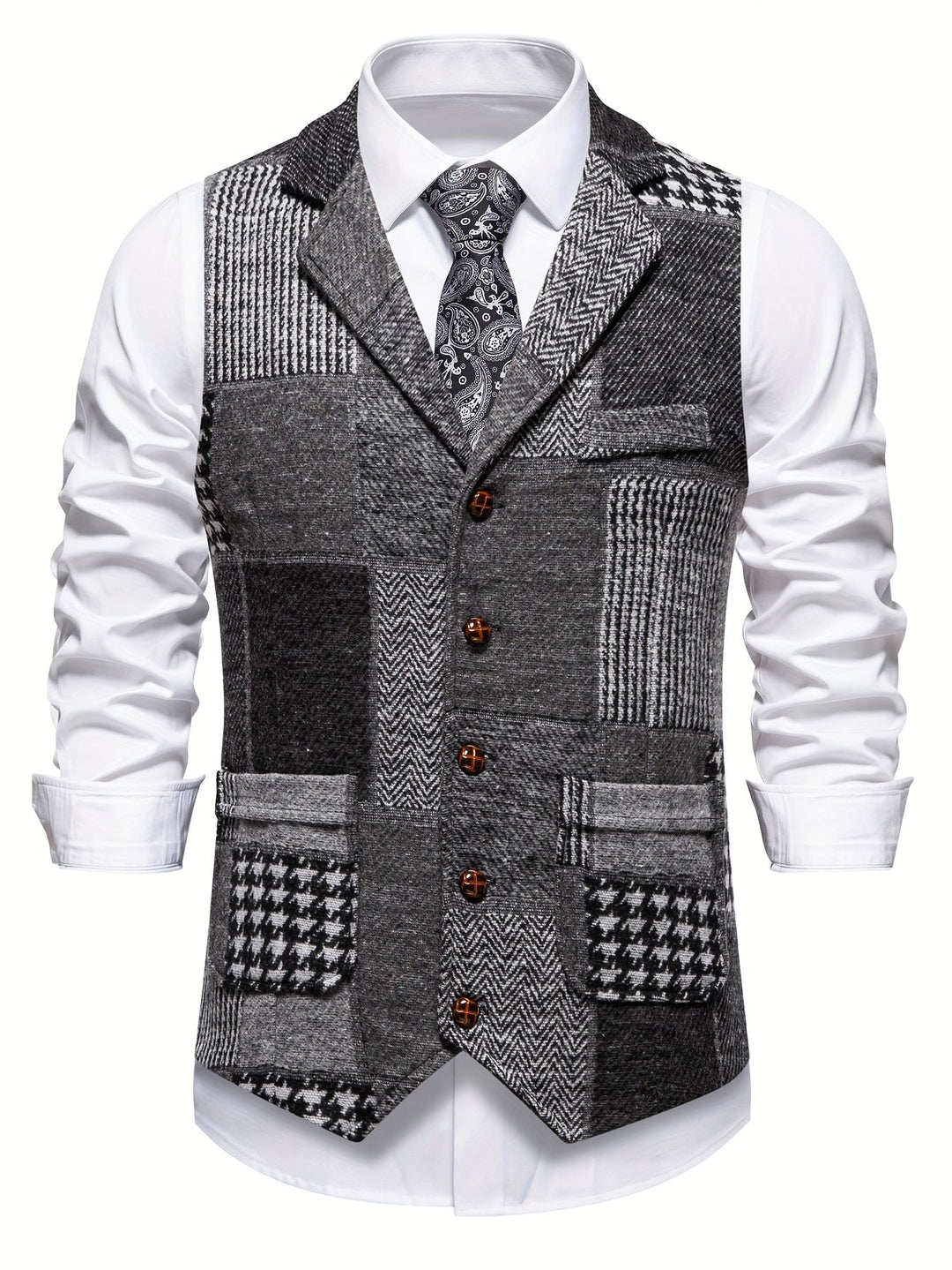 Leo | Patchwork Tweed-Weste mit Fischgrätmuster
